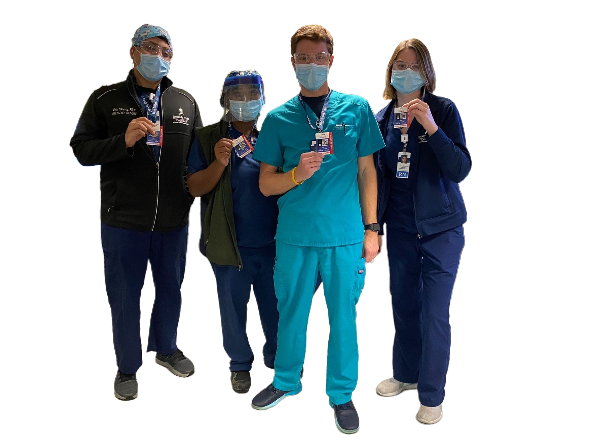 providers in scrubs with a blue and red ID badge with a QR code in center and side label that reads, “Ready to Vote?”