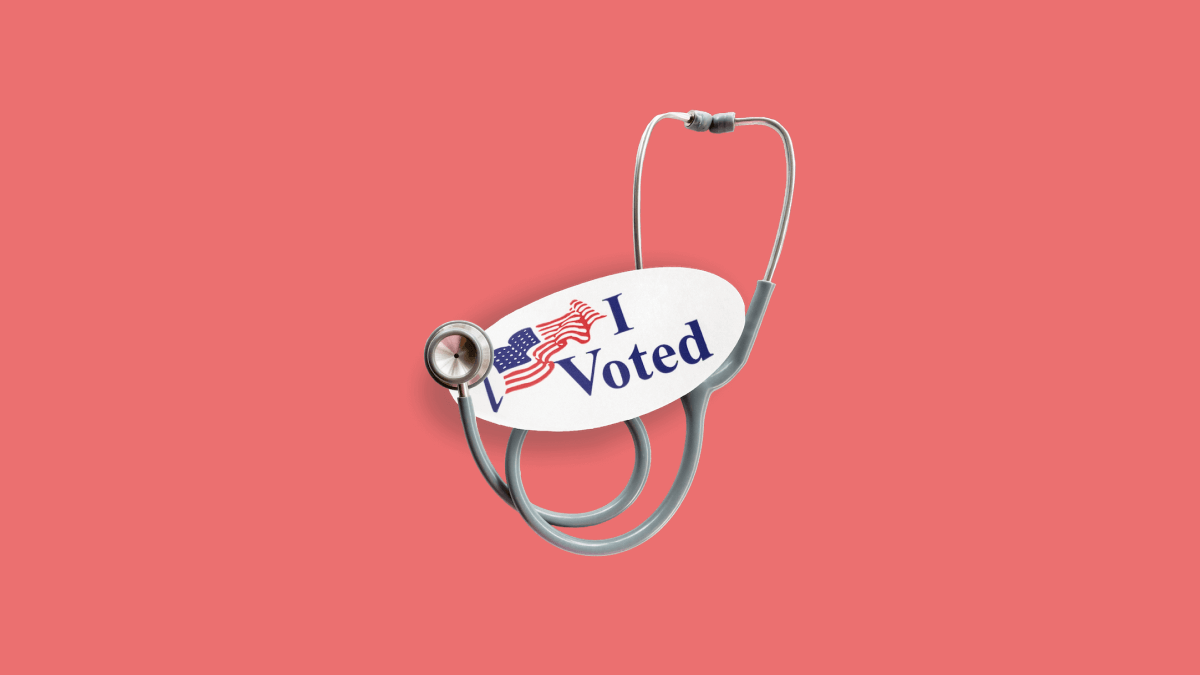 a stethescope intertwined with an "I voted sticker"