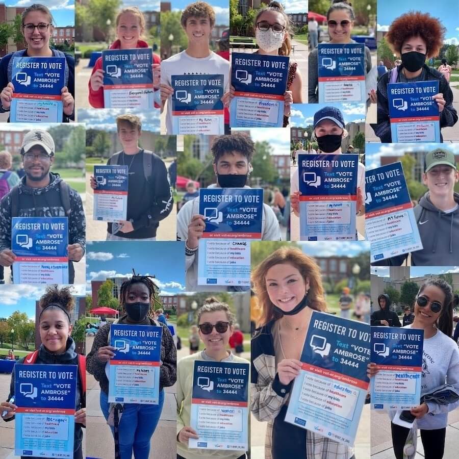 Collage of social work students each holding a poster that reads, "Register to vote" Text "VOTE AMBROSE" 34444